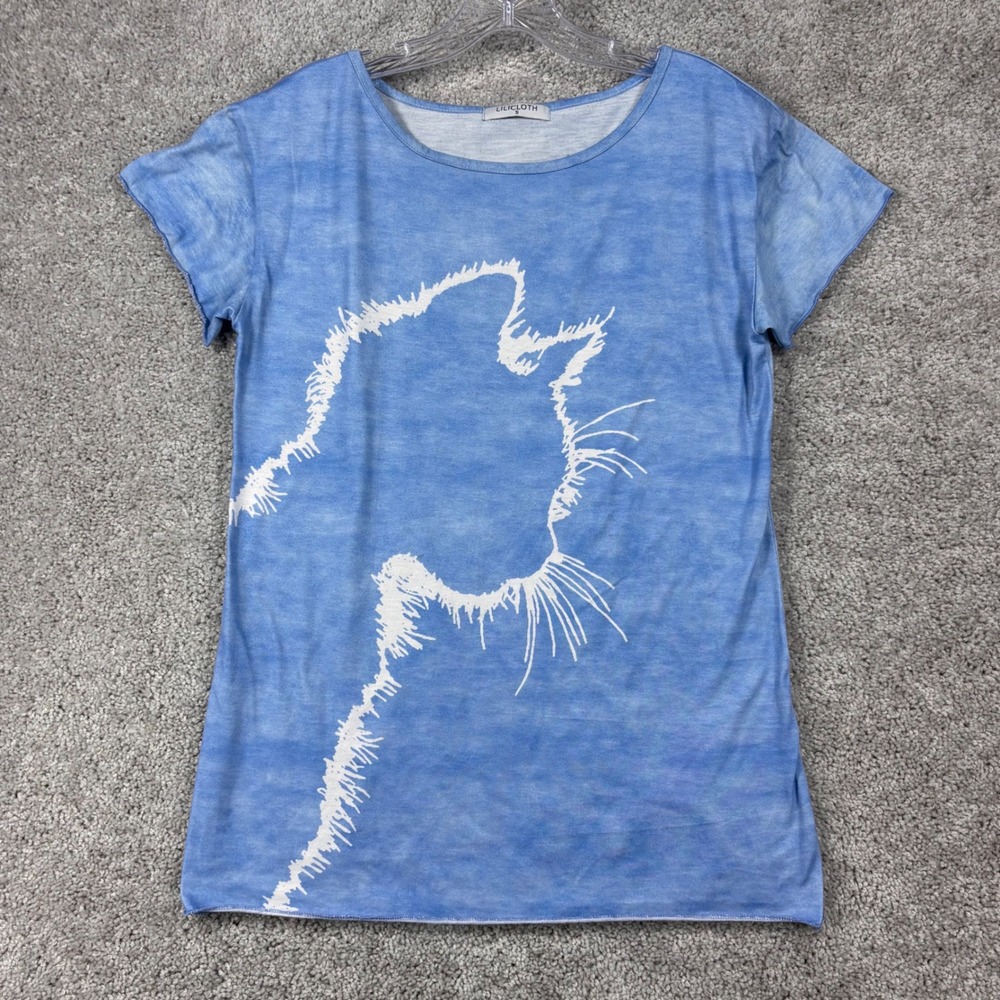 Lilicloth Womens Blue Cat Graphic Short Sleeve T-Shirt Size Small Tie Dye Marble